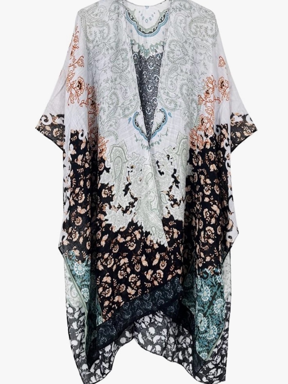 Boho Paisley Printed Kimono Cover-Up in Black, White & Teal